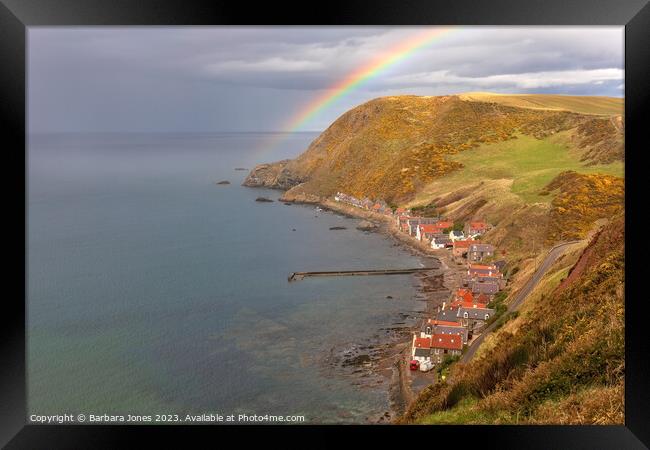 Crovie Fishing Village and Rainbow, Scotland. Framed Print by Barbara Jones