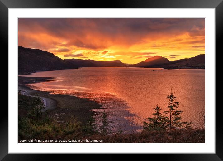 Loch Carron Fiery Sunset Wester Ross Scotland. Framed Mounted Print by Barbara Jones