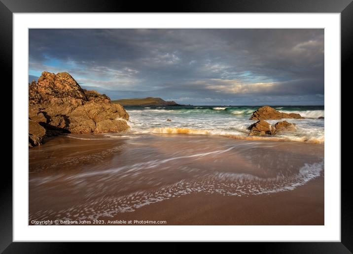 Sango Sands Brief Light Durness NC500 Scotland. Framed Mounted Print by Barbara Jones