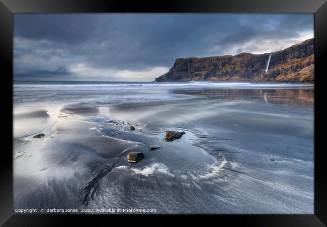 Talisker Beach and Moody Sky Isle of Skye Scotland Framed Print by Barbara Jones