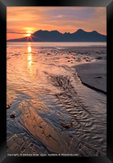Sunset over Rum  from Laig Beach Isle of Eigg     Framed Print by Barbara Jones