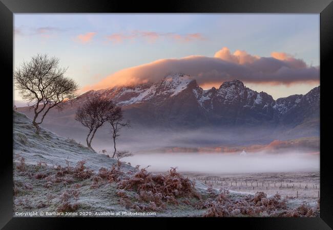 Isle of Skye Misty Winter Sunset. Framed Print by Barbara Jones