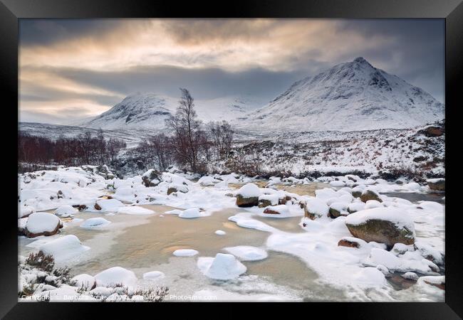   Winter Sunrise in Glen Etive Framed Print by Barbara Jones