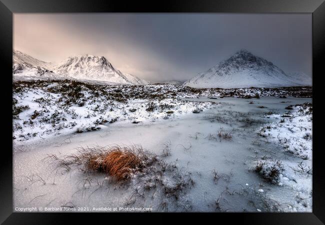 Majestic Winter Scenery in Glen Coe Framed Print by Barbara Jones