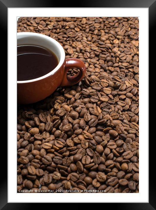 Coffee beans surrounding Coffee cup. Framed Mounted Print by David May