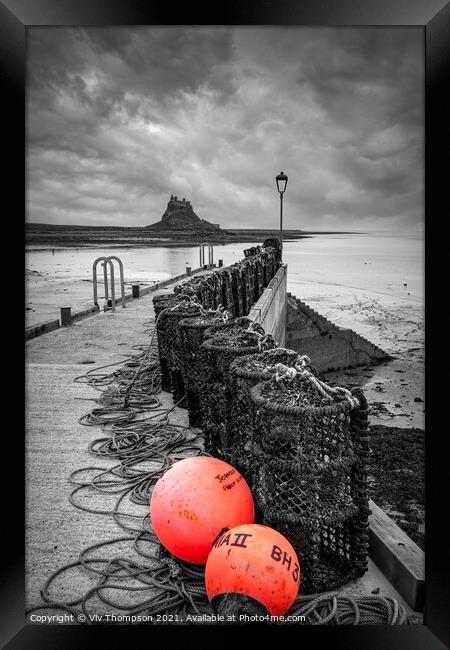 Lobster Pots and Lindisfarne Framed Print by Viv Thompson