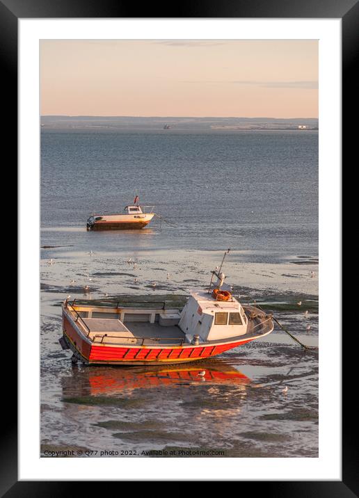 Moored boat illuminated by the rays of the setting sun on the sh Framed Mounted Print by Q77 photo