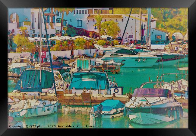 Illustration of a small port with yachts and ships Framed Print by Q77 photo