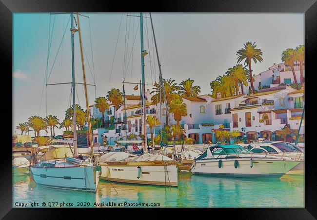 Illustration of a small port with yachts and ships Framed Print by Q77 photo