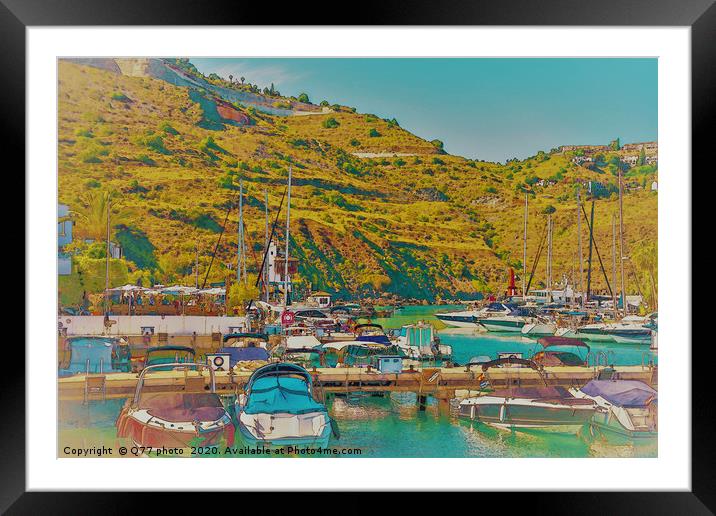 Illustration of a small port with yachts and ships Framed Mounted Print by Q77 photo