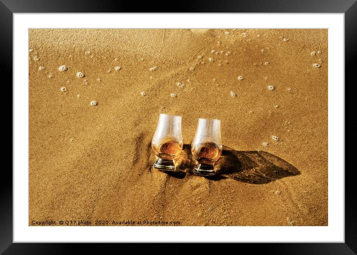a glass of whiskey single malt on the sand washed  Framed Mounted Print by Q77 photo