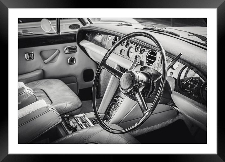 Vintage Old Car Interior Black and White Framed Mounted Print by Ioan Decean