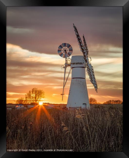 Thurne Mill Sunburst Sunset Norfolk Broads Framed Print by David Powley