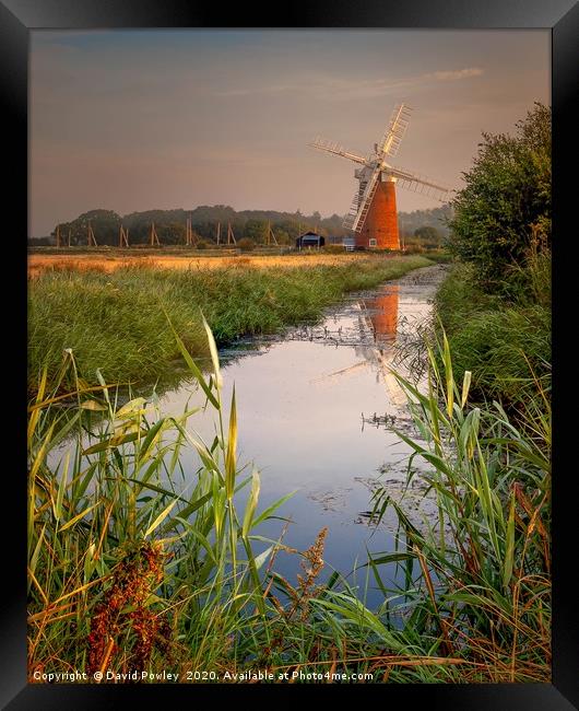 Dawn reflections of Horsey Mill Norfolk Framed Print by David Powley