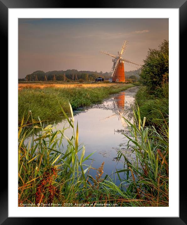 Dawn reflections of Horsey Mill Norfolk Framed Mounted Print by David Powley