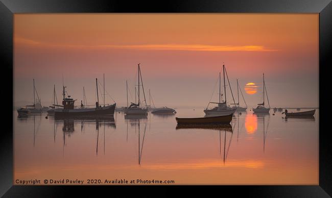 Misty sunrise at Brancaster Staithe Norfolk  Framed Print by David Powley