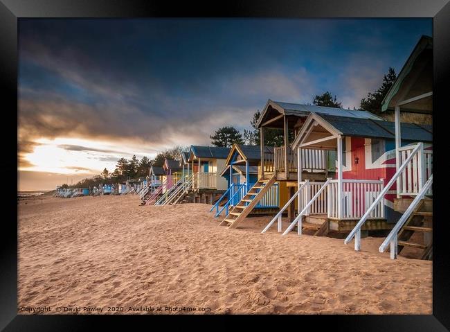 Wells beach huts at dawn Framed Print by David Powley