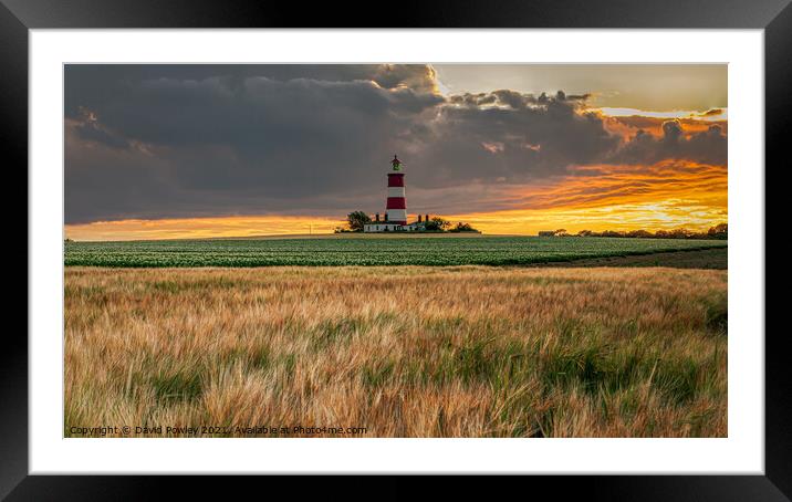 Happisburgh Lighthouse Norfolk Under Orange Sky Framed Mounted Print by David Powley