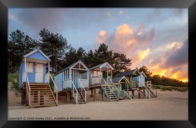 Evening Light on the Beach Huts at Wells Norfolk Framed Print by David Powley