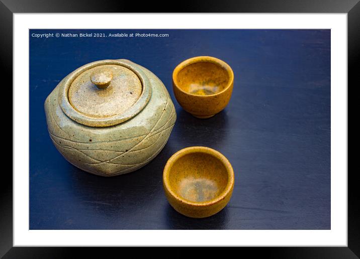 Earthernware Tea Set on Black Table Framed Mounted Print by Nathan Bickel