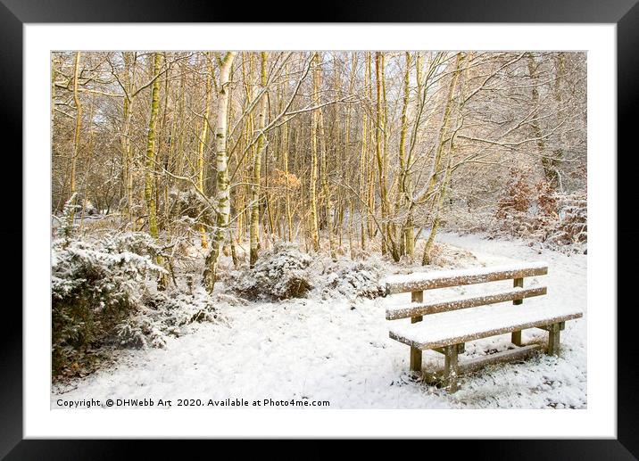 Sunrise in Snowy Woods with Bench Framed Mounted Print by DHWebb Art