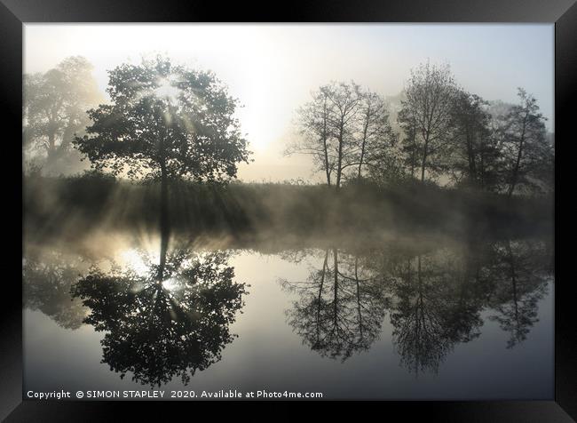 MISTY TREES AND RIVER AT SUNRISE Framed Print by SIMON STAPLEY