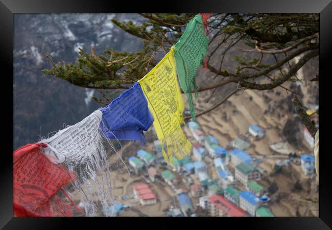 Namche Bazaar with Buddist Prayer Flags Framed Print by Christopher Stores