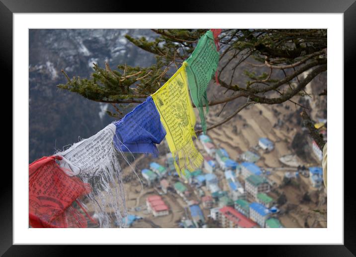 Namche Bazaar with Buddist Prayer Flags Framed Mounted Print by Christopher Stores