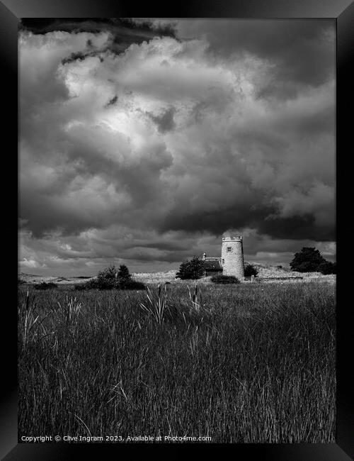 Black and white of the tower at The Snook (Lindisf Framed Print by Clive Ingram