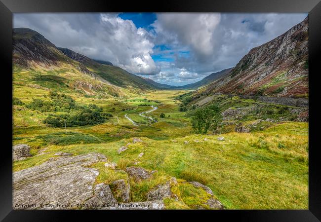 View down Wales' beautiful Ogwen Valley. Framed Print by Clive Ingram