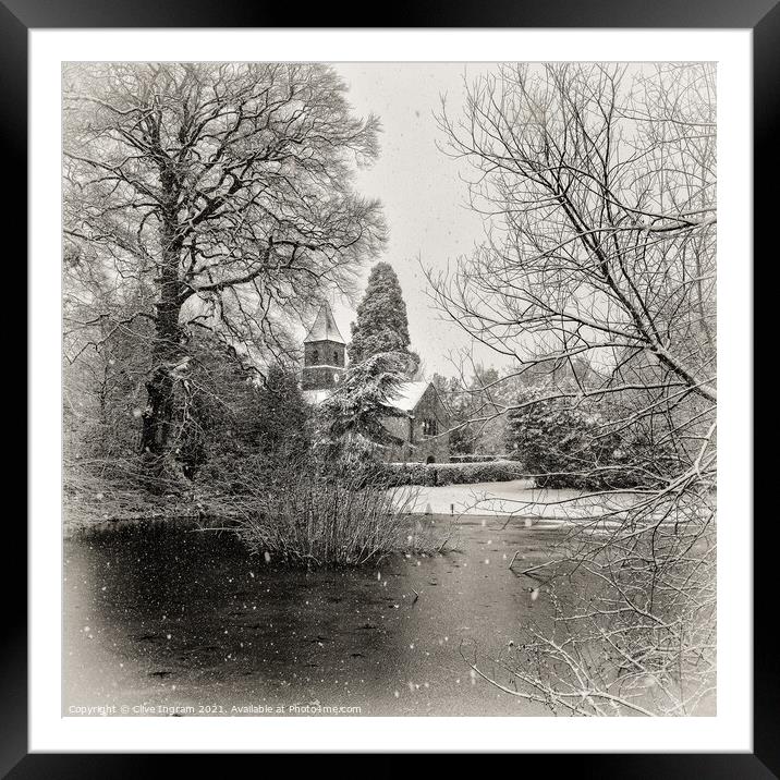 View to a church in a snow storm Framed Mounted Print by Clive Ingram