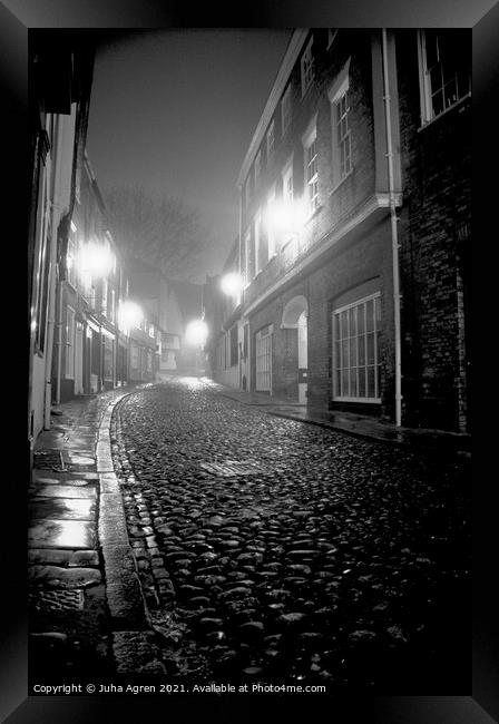 Foggy Night at Elm Hill in Norwich Framed Print by Juha Agren