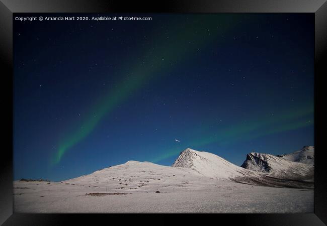 Shooting star amongst the Northern Lights in Norway Framed Print by Amanda Hart