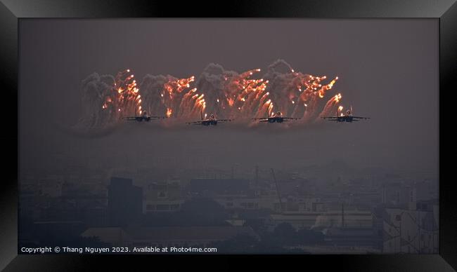 SU30MK2 squadron performing tight formation while shooting flares Framed Print by Thang Nguyen