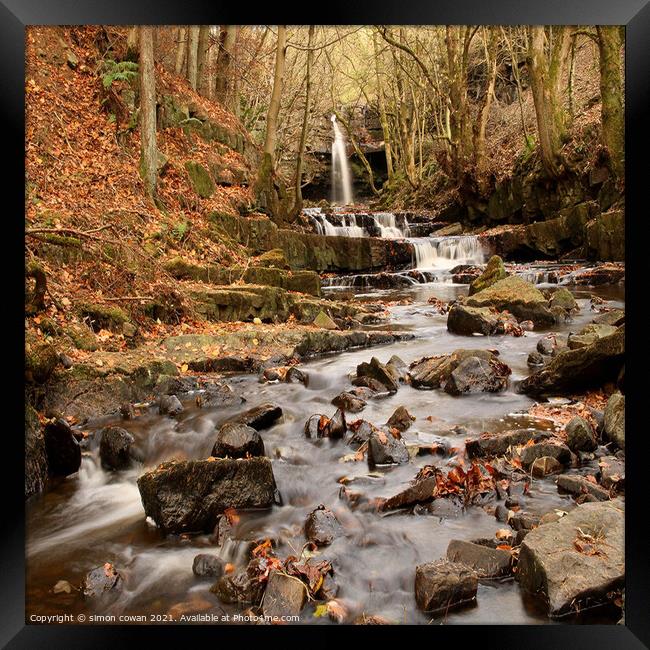 Gibsons Cave waterfall Framed Print by simon cowan