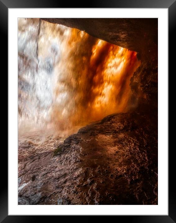Standing behind A large waterfall in a cave Framed Mounted Print by simon cowan