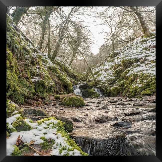 A stream tumbles down Aller Combe - part of the Snowy landscape around Dunkery Hill, Exmoor National Park Framed Print by Shaun Davey