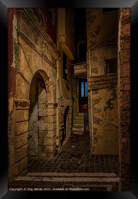 The gruesome Moschon street in the old town of Chania at night Framed Print by Stig Alenäs