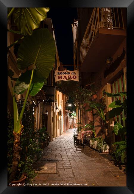 Narrow alleyway with green plants at the night illuminated in th Framed Print by Stig Alenäs