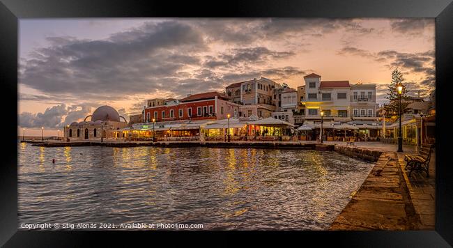 the mosque and the harbour in Chania at the first morning light  Framed Print by Stig Alenäs