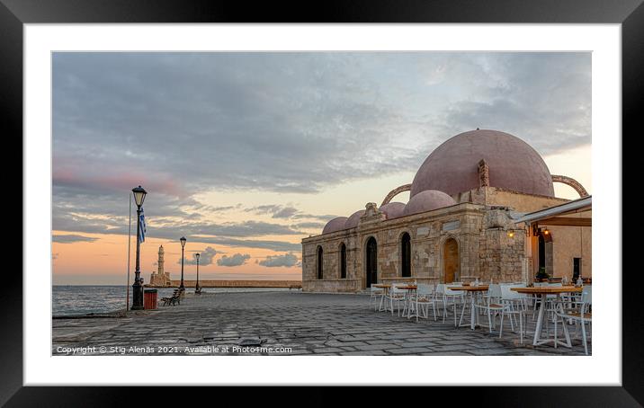 Mosque at the harbour in Chania, Crete Framed Mounted Print by Stig Alenäs