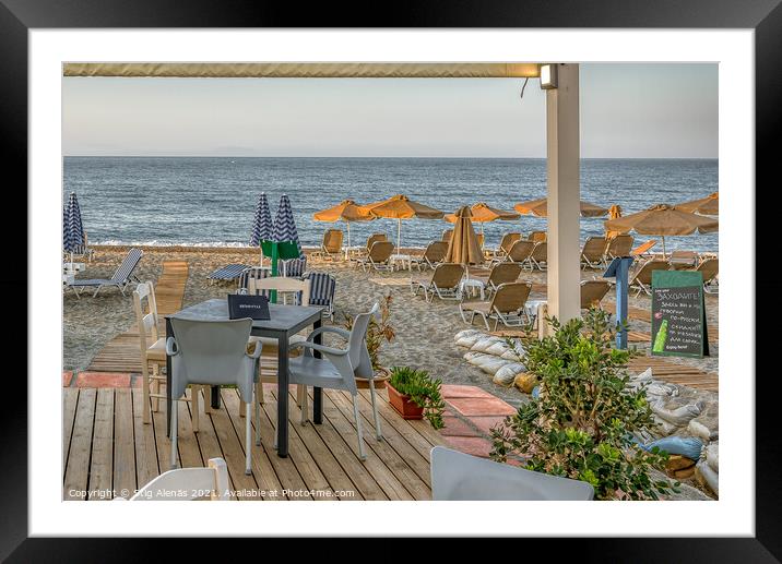 a Crete tavern on the beach with a view of the azure Mediterrane Framed Mounted Print by Stig Alenäs