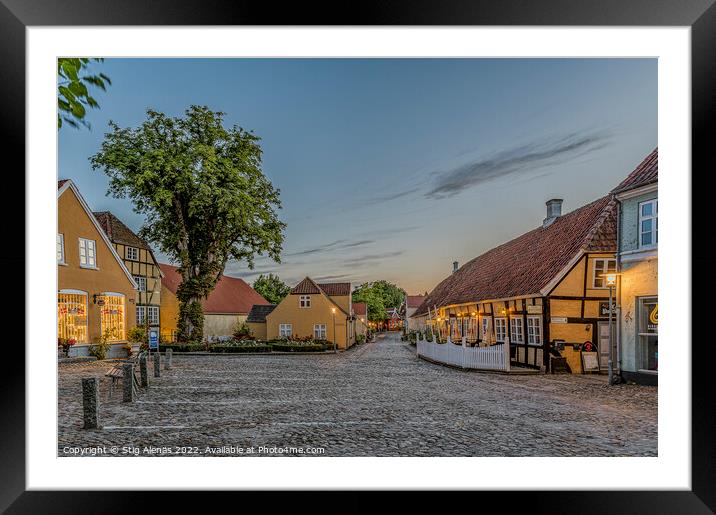 The square in the idyllic town Mariager in the dusk twilight hou Framed Mounted Print by Stig Alenäs