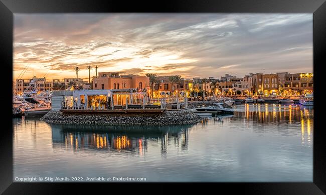 Restaurant in Abu Tig Marina at sunset Framed Print by Stig Alenäs