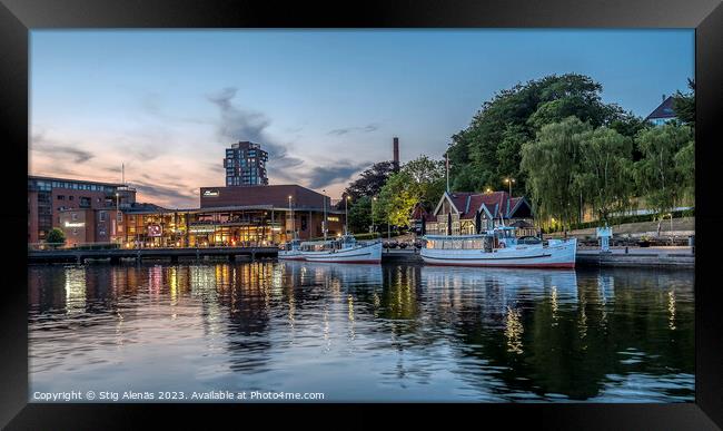 Sightseeing boats on the lake in the center of Silkeborg town Framed Print by Stig Alenäs