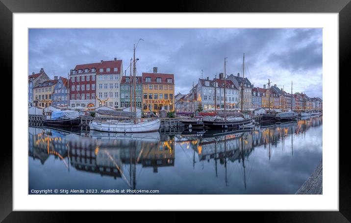 Panorama nyhamns canal in Copenhagen during the blue hour Framed Mounted Print by Stig Alenäs