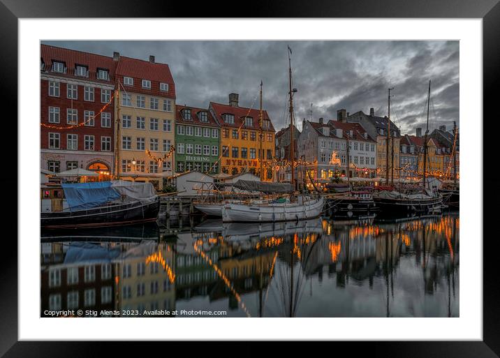 Christmas deocorations reflect in Copenhagen Nyhavn canal  Framed Mounted Print by Stig Alenäs