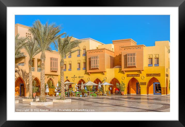 Egyptian piazza with colourful houses and a restau Framed Mounted Print by Stig Alenäs