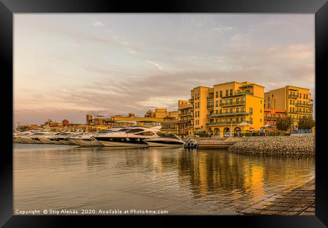 At sunset in the marina, motor yachts with space f Framed Print by Stig Alenäs