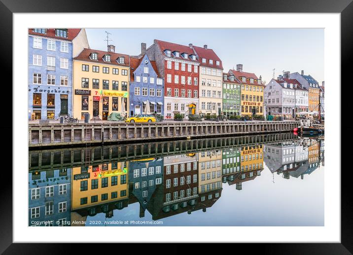 Reataurants on the quay of Nyhavn Canal reflecting Framed Mounted Print by Stig Alenäs